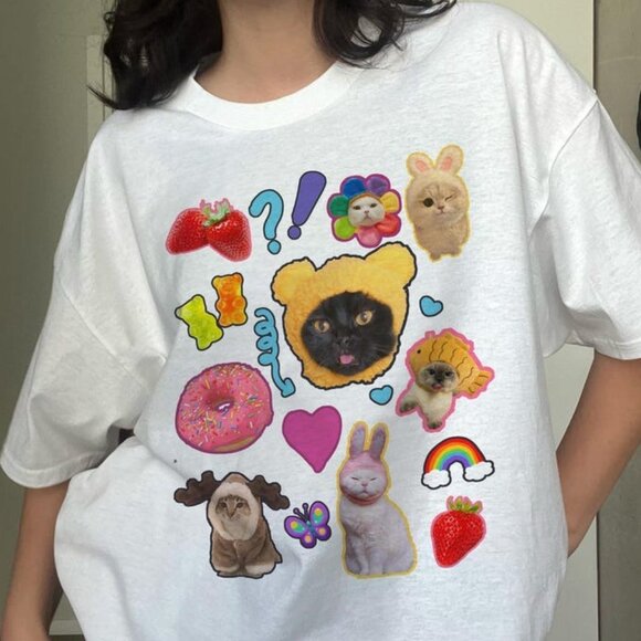 Tops - Y2K Silly Cat Shirt 90s Kawaii Aesthetic Cat Tee